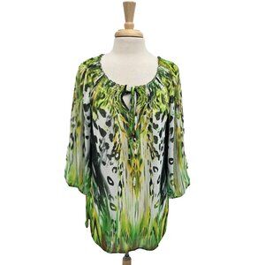 Muska by Sienna Rose‎ Womens Peasant Sheer Top Sz M Green/Yellow 3/4 Sleeve Boho